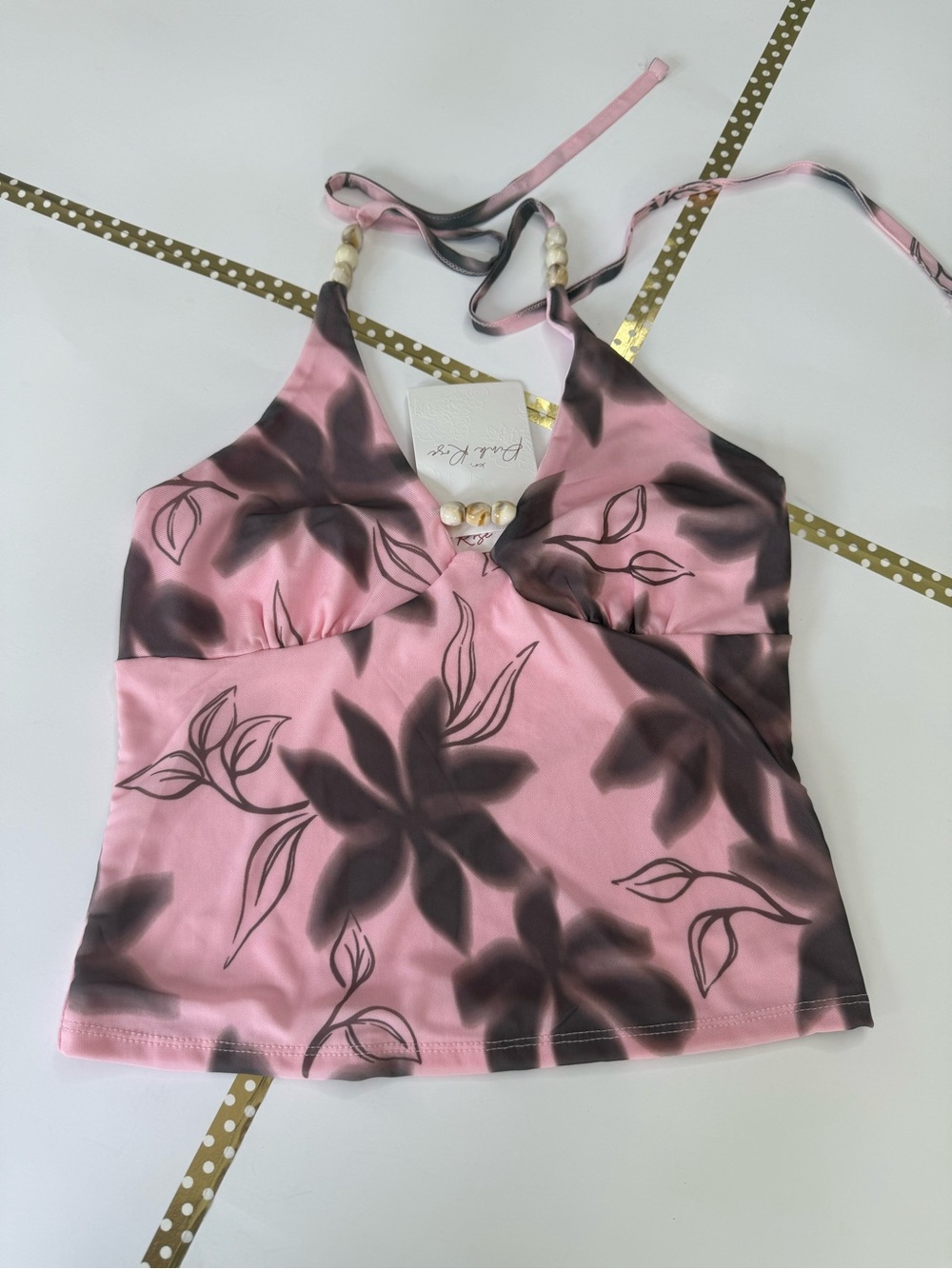Pink Rose Pink and Brown Floral Halter Cami with Beaded Straps